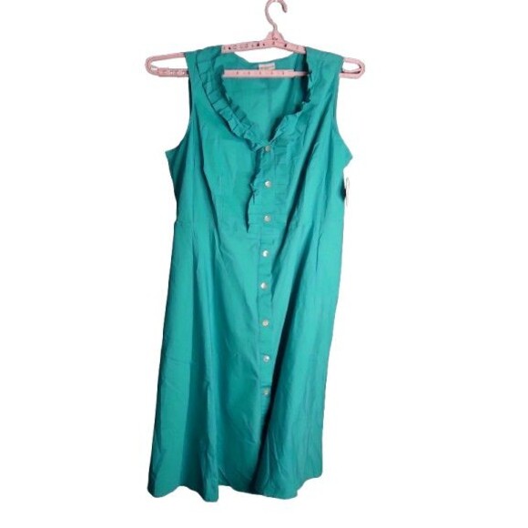 Liz Claiborne V Neck Midi Shirt Dress Button Front Ruffled Size 20w Aqua Pockets - Picture 1 of 10